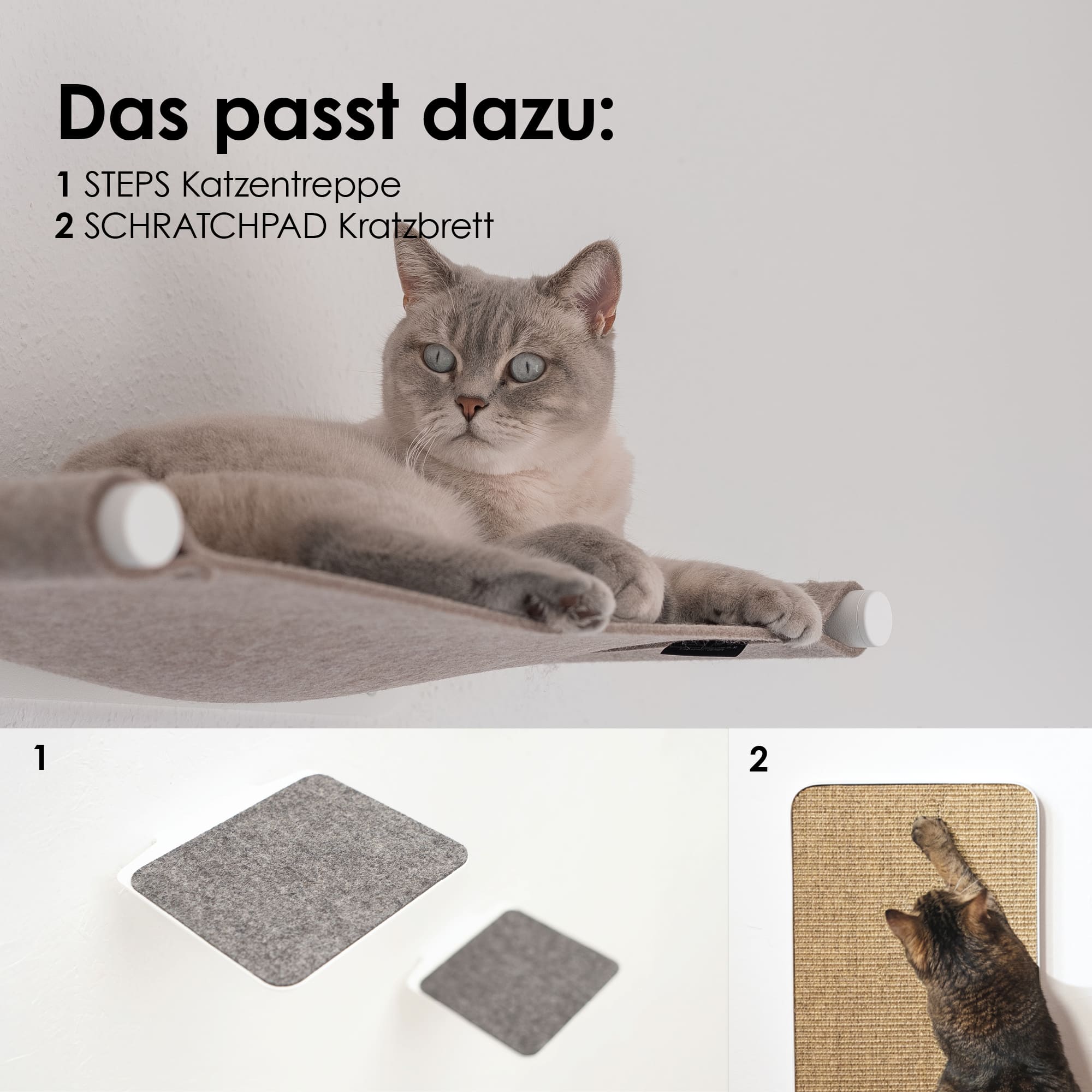 Graue Katze liegt auf der hellgrauen Hängematte „SWING“ mit weißen Wandhaltern – unten abgebildet: passende Ergänzung „STEPS“ Kletterelemente und „SCRATCHPAD“ Kratzbrett.