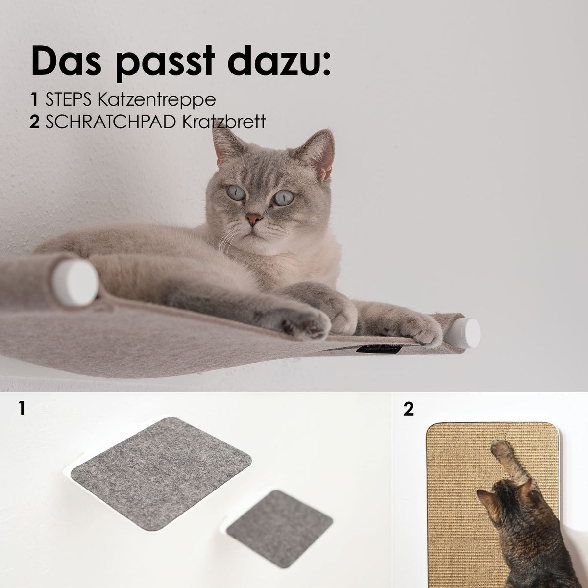 Graue Katze liegt auf der hellgrauen Hängematte „SWING“ mit weißen Wandhaltern – unten abgebildet: passende Ergänzung „STEPS“ Kletterelemente und „SCRATCHPAD“ Kratzbrett.